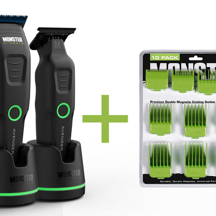 Monster Clippers Avenger Tondeuse en Trimmer Set + GRATIS PREMIUM Dubbel Magnetische Opzetkammen Groen (10 stuks)