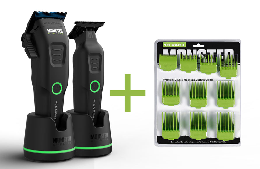Monster Clippers Avenger Tondeuse en Trimmer Set + GRATIS PREMIUM Dubbel Magnetische Opzetkammen Groen (10 stuks)