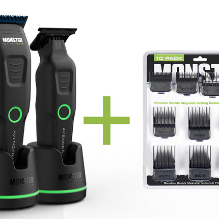 Monster Clippers Avenger Tondeuse en Trimmer Set + GRATIS PREMIUM Dubbel Magnetische Opzetkammen Zwart (10 stuks)