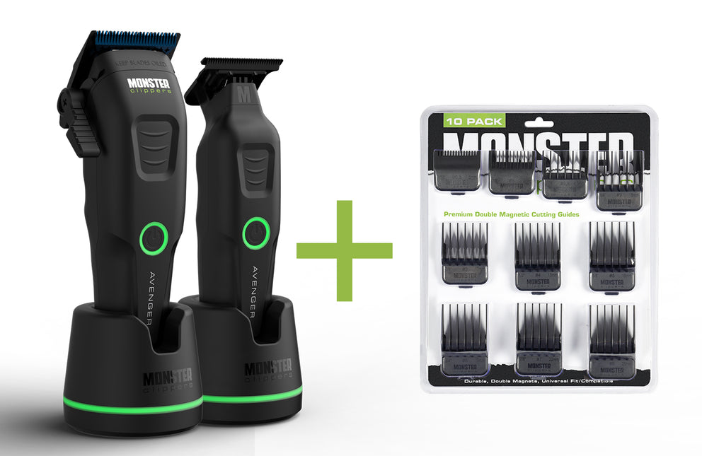 Monster Clippers Avenger Tondeuse en Trimmer Set + GRATIS PREMIUM Dubbel Magnetische Opzetkammen Zwart (10 stuks)